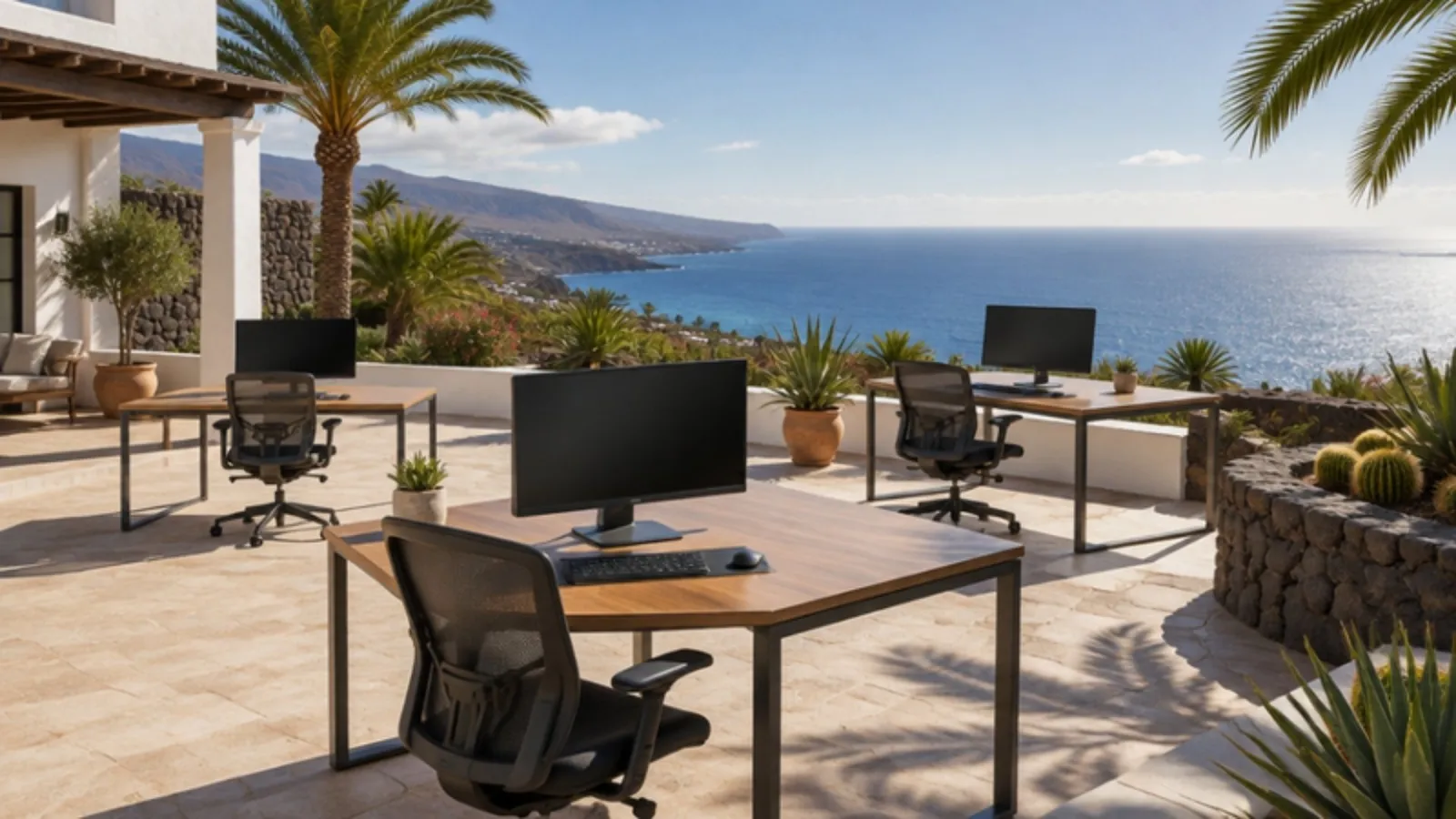 Terras met werkplekken en uitzicht op de oceaan in het zuiden van Tenerife