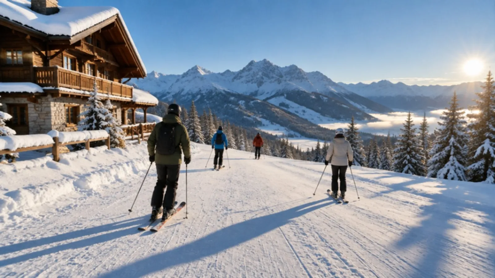 Skiërs vertrekken vanaf het hotel de piste op